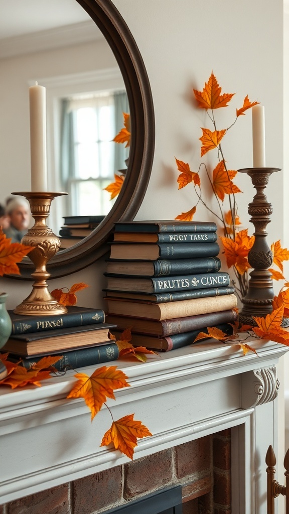A mantel decorated with stacked old books, brass candlesticks, and autumn leaves.