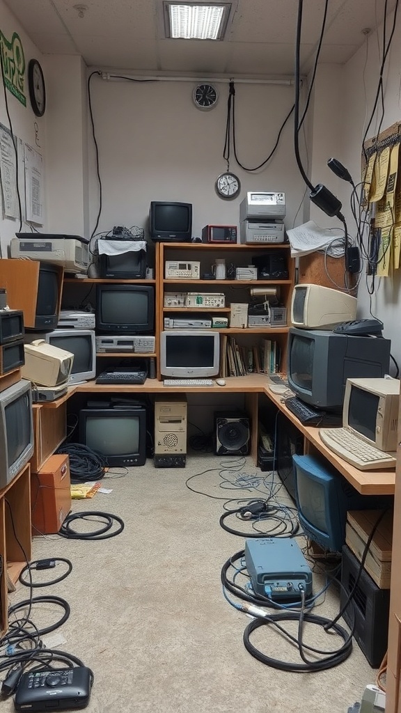 A cluttered room filled with old electronics including computers and televisions.