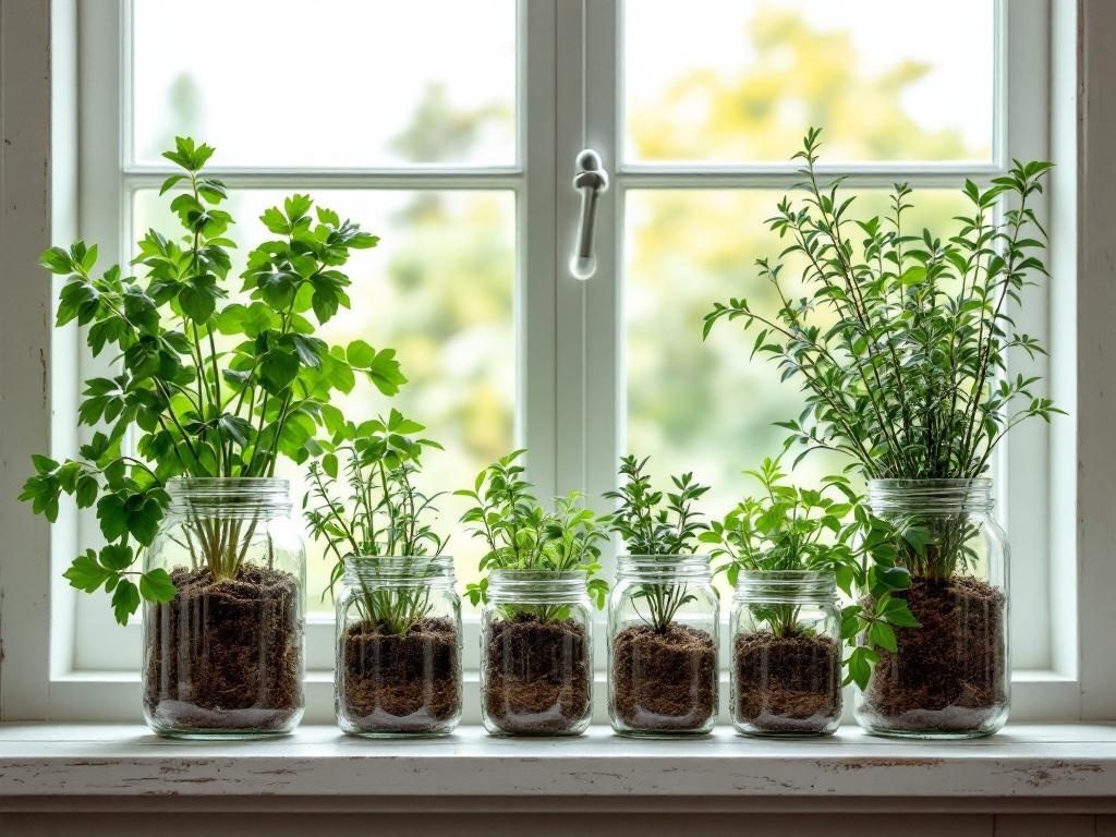 Mason jars filled with herbs on a windowsill