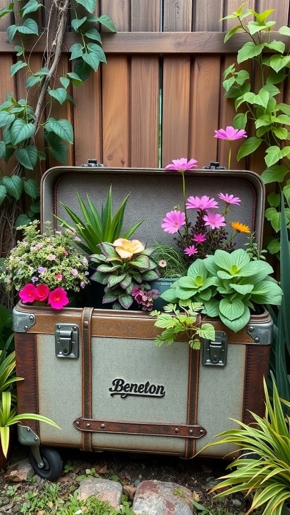 An old suitcase filled with colorful flowers and plants, set against a wooden fence.