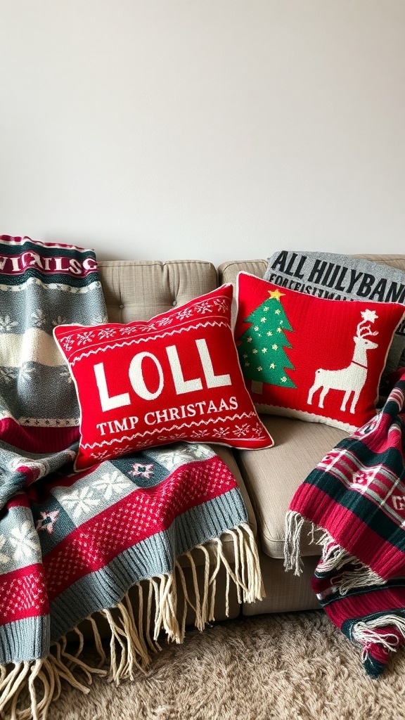 Cozy upcycled pillow covers made from old sweaters, displayed on a couch with festive blankets.