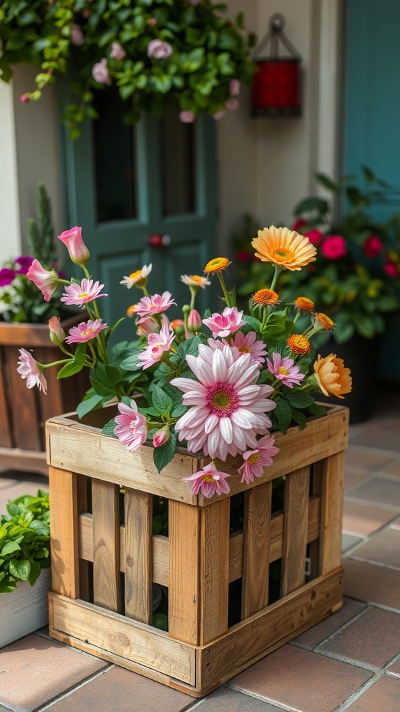 A wooden wine crate filled with colorful flowers, showcasing a vintage charm.