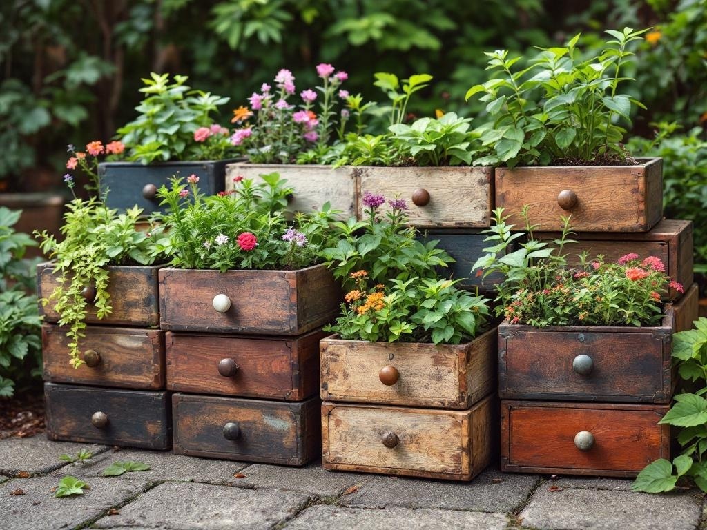 A collection of old wooden drawers filled with vibrant flowers and greenery, arranged in a garden setting.