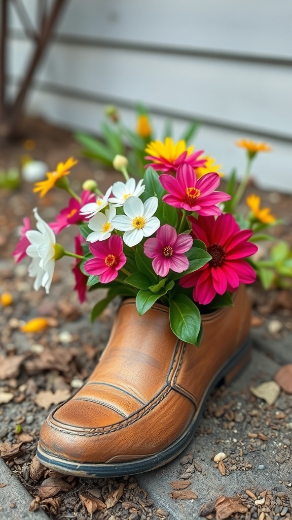 Old wooden shoe planter filled with colorful flowers