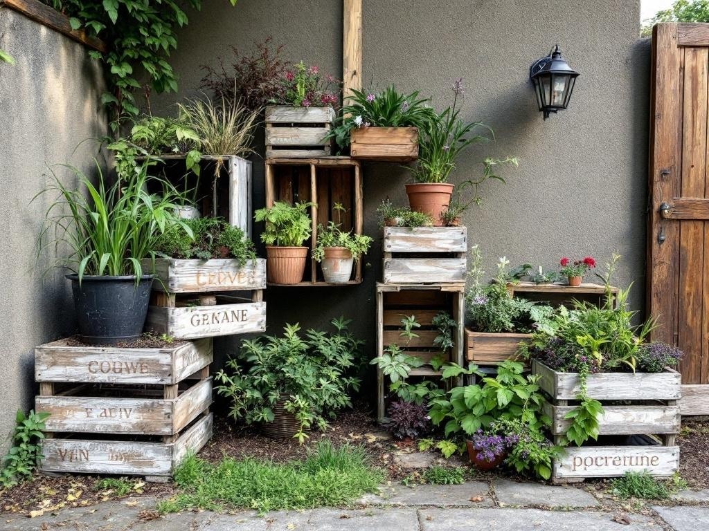 A collection of old wooden wine crates used as planters, arranged with various plants and flowers.
