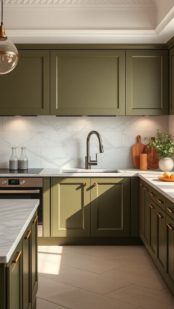 A modern kitchen featuring olive green cabinets and a luxurious marble backsplash.