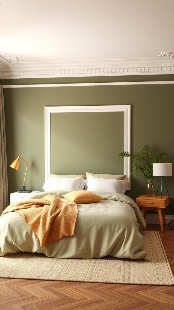 A serene olive green bedroom with a cozy bed, warm accents, and elegant wall treatments.