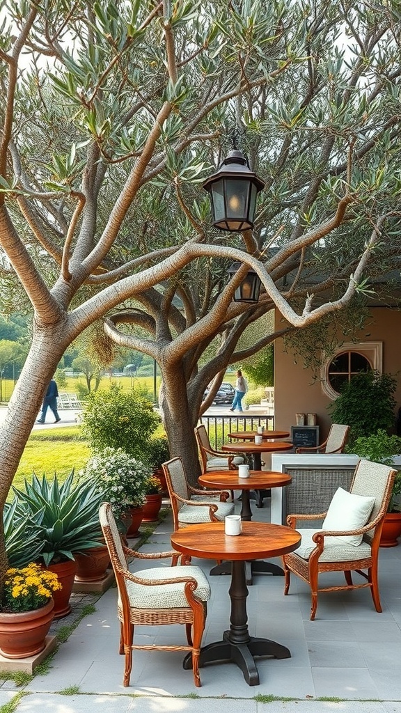 A cozy outdoor café setup under an olive tree with wooden tables, comfortable chairs, and hanging lanterns.