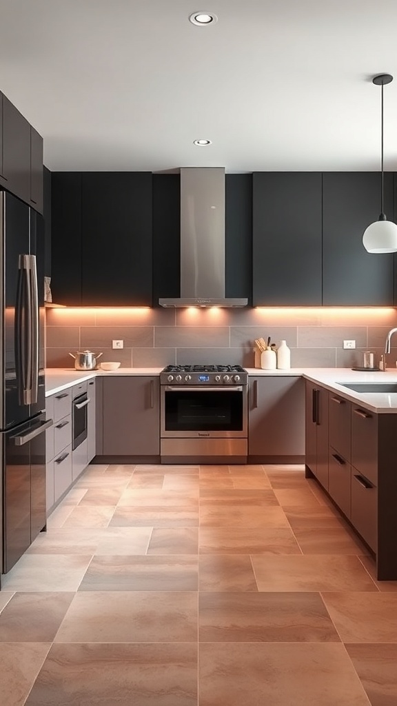 A modern kitchen featuring an ombre tile backsplash that transitions from light to dark shades.