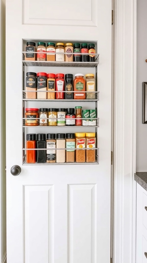 A multi-tiered spice rack mounted on a pantry door, displaying various spice jars in an organized manner.