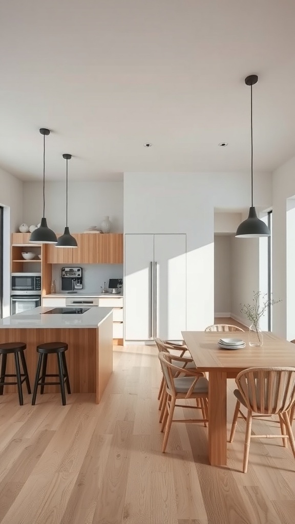 A modern open-plan kitchen and dining area featuring a central island, wooden dining table, and pendant lighting.