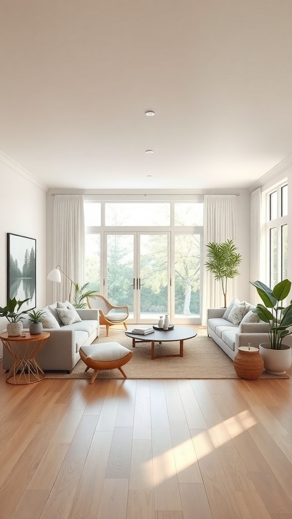 Bright and airy living room with large windows, light furniture, and plants