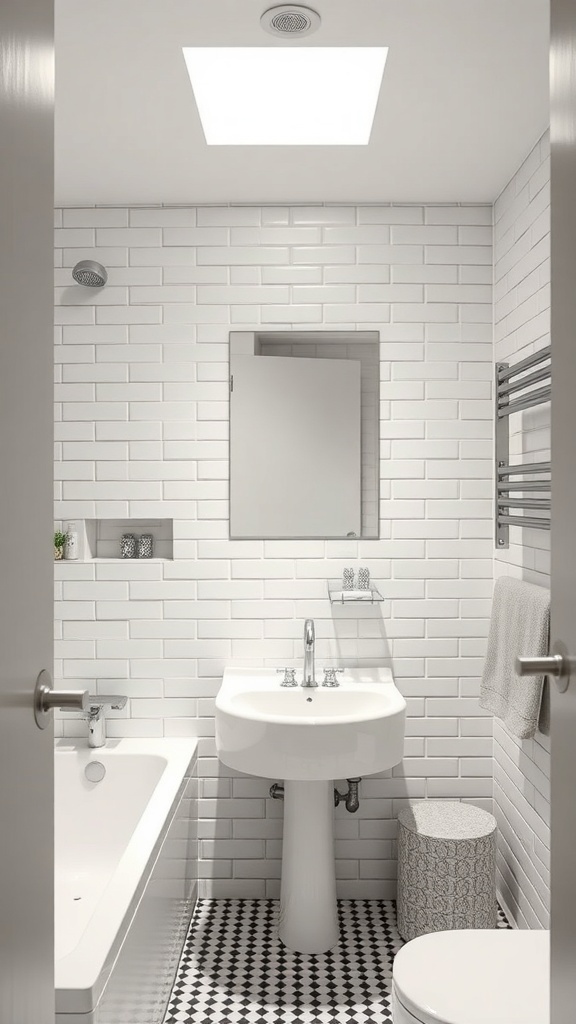 A small modern bathroom featuring a green tile wall, white tiles, and a vessel sink.