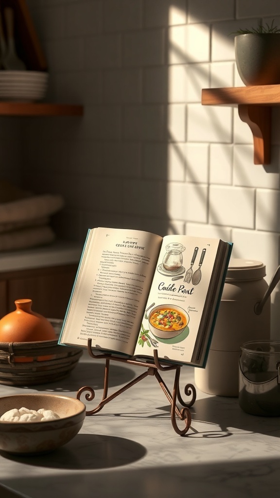 Open cookbook on a stand in a cozy kitchen setting.