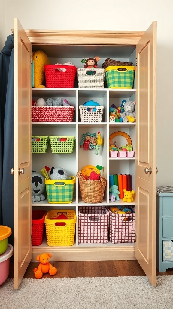 Open cubby corner wardrobe with colorful baskets and toys