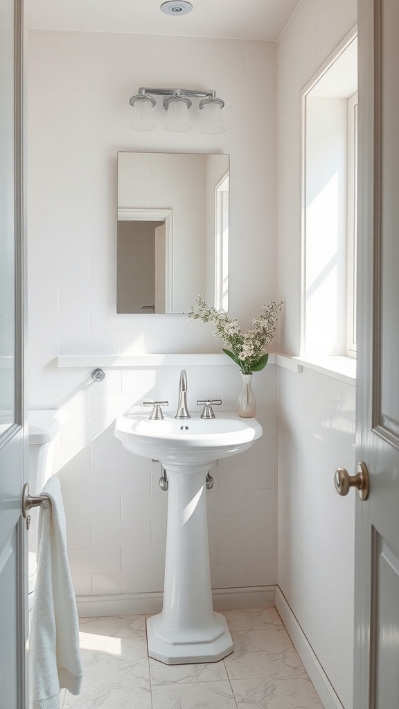 A small bathroom featuring a pedestal sink, bright lighting, and a clean design.