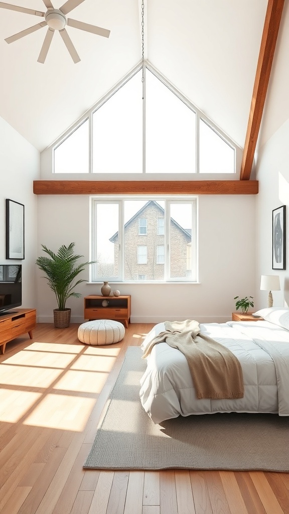 A bright and spacious loft bedroom featuring high ceilings, large windows, and minimalist decor.