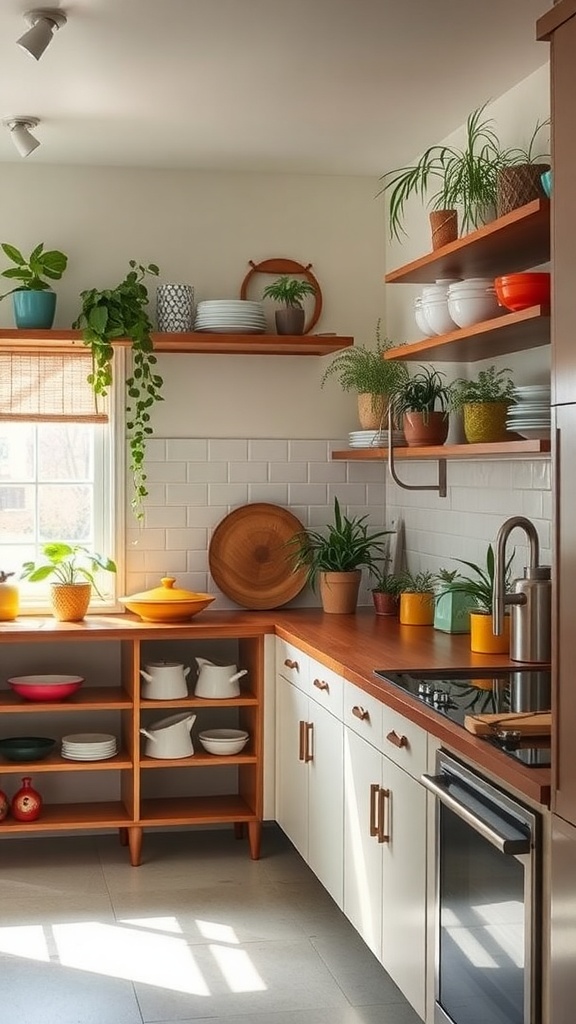 A modern kitchen with open shelving displaying colorful dishes and plants.