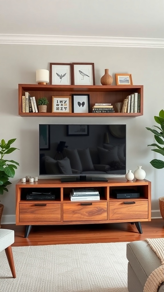 Walnut TV stand with open shelving and decorative items