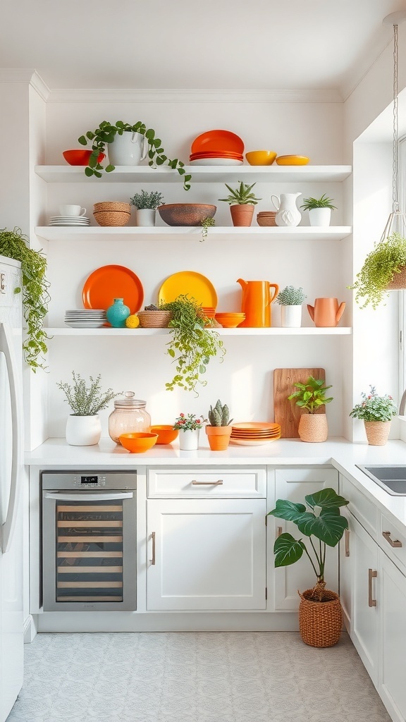 Bright kitchen with open shelving displaying colorful plates and plants