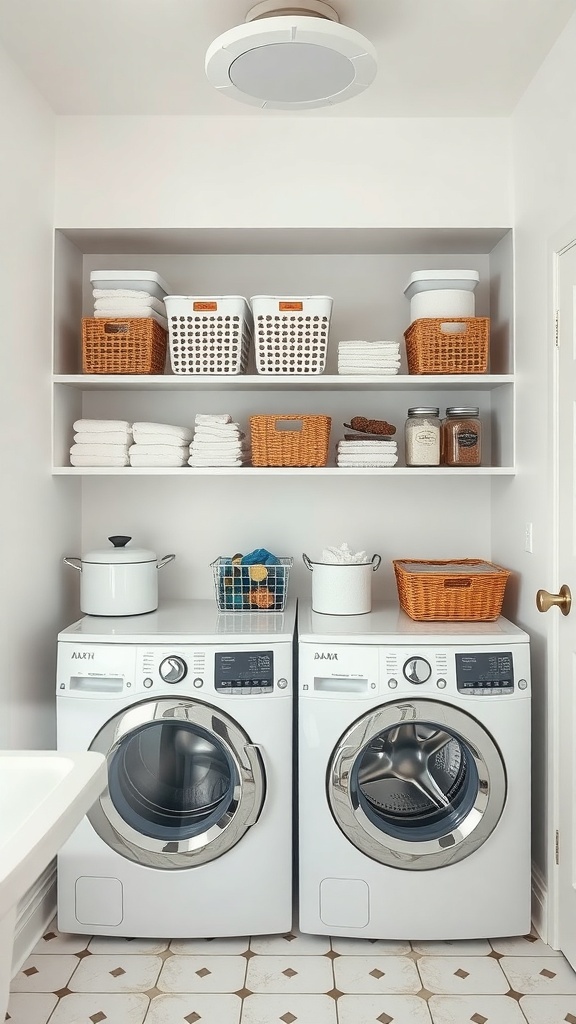 A bright laundry room with open shelving above the washer and dryer, featuring neatly arranged baskets and jars.