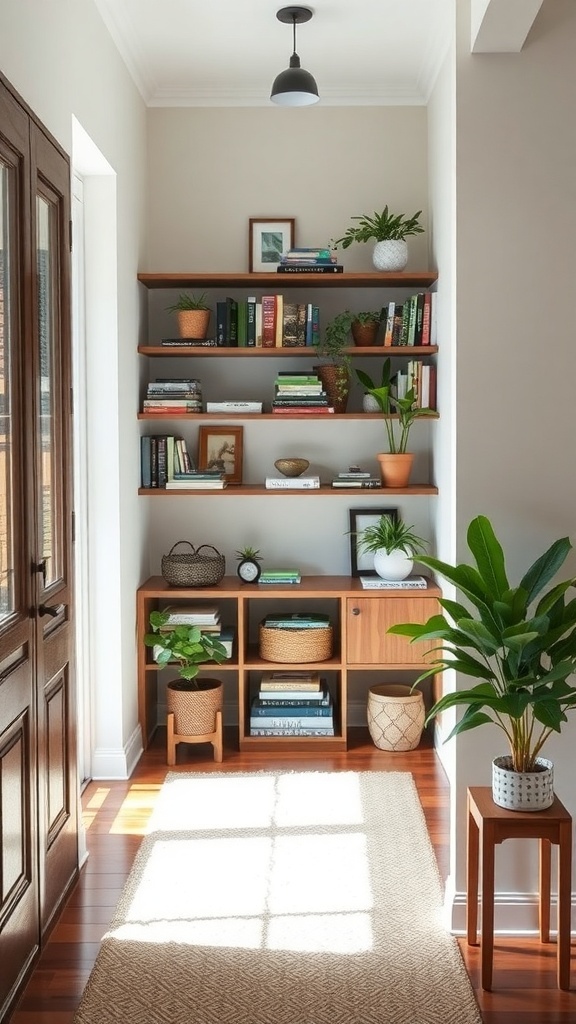 A stylish entryway featuring open shelving with books, plants, and decorative items.