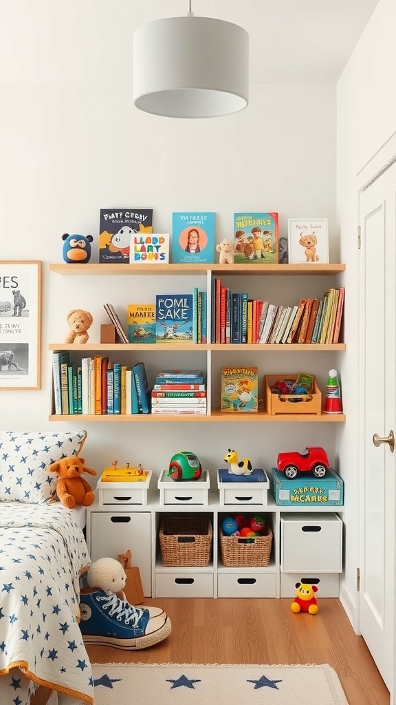 Open shelving in a boys' bedroom displaying books and toys, with a cozy bed and playful decor.