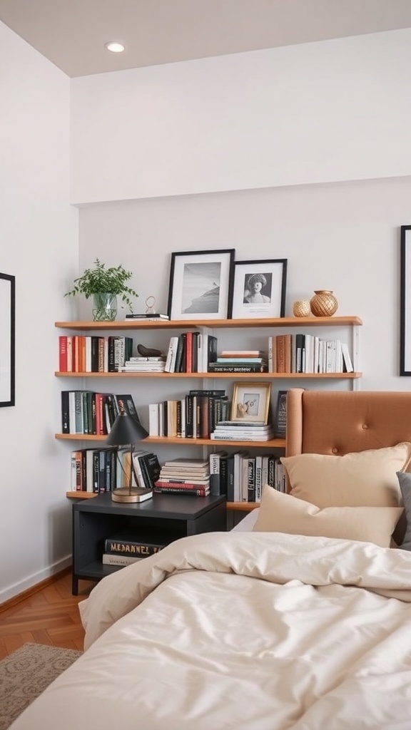 Cozy bedroom with open shelving displaying books and decorative items.