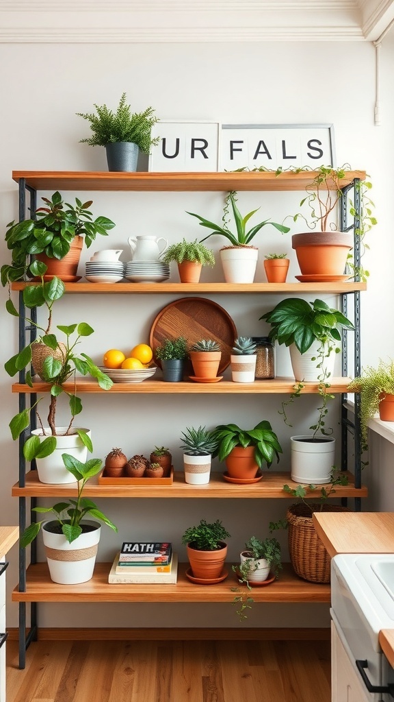 Open shelving in a kitchen filled with various plants and decorative items
