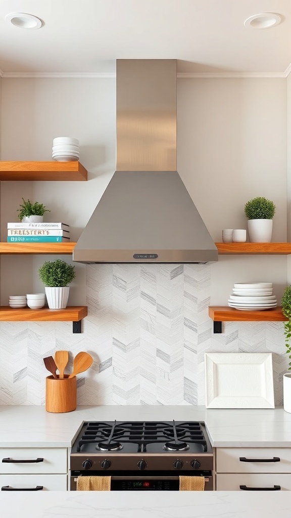 A modern kitchen featuring a sleek metallic vent hood above open wooden shelves with decorative items.