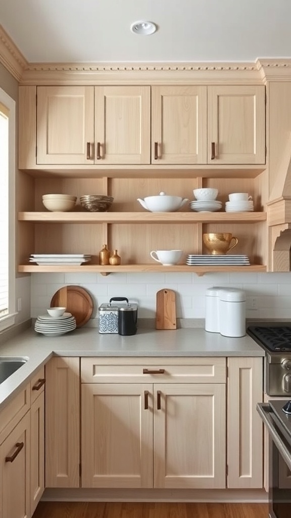 A kitchen featuring white oak cabinets and open shelving, displaying dishware and decorative items.
