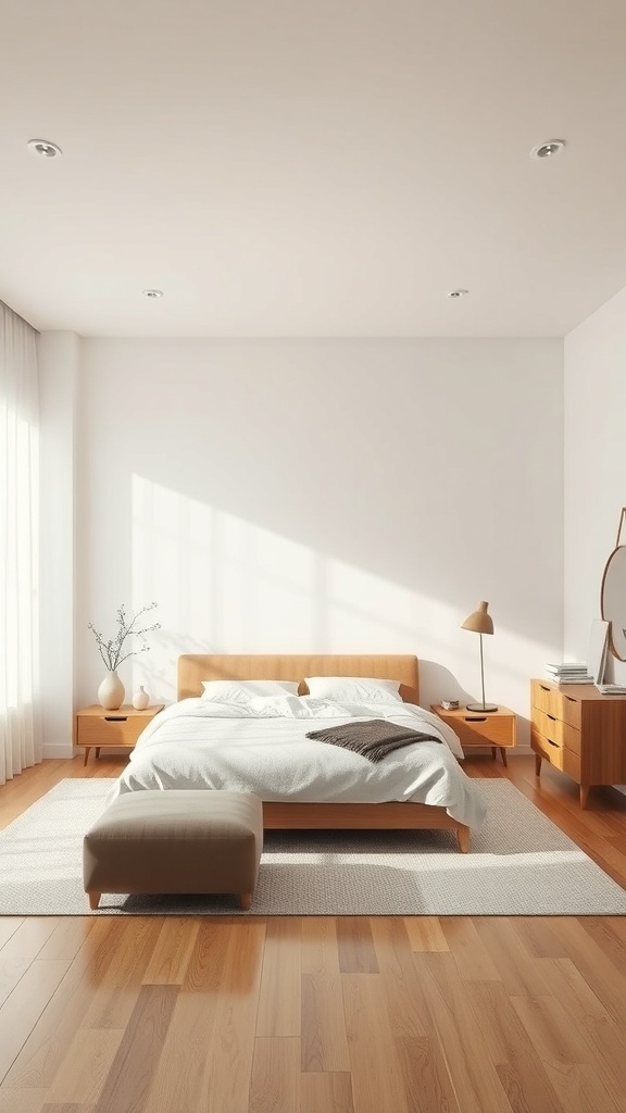 A serene modern minimalist bedroom with open sightlines and spacious layout.