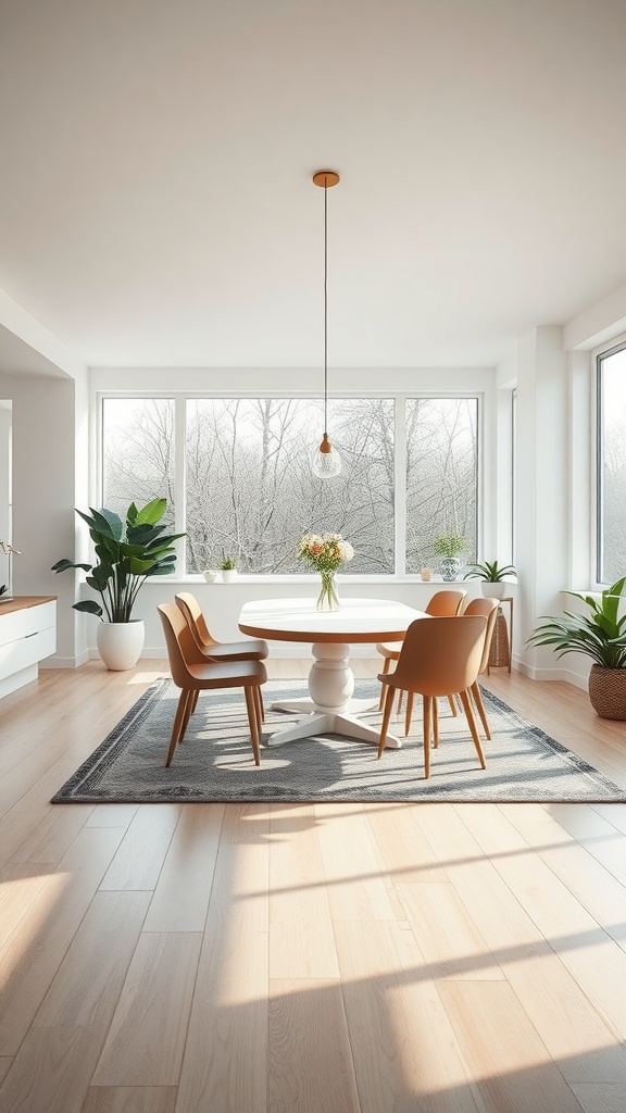 A bright and airy modern dining room with a round table, stylish chairs, and large windows.