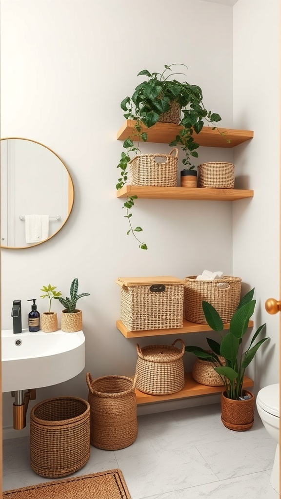 Open wood shelving in a bathroom with woven baskets and plants