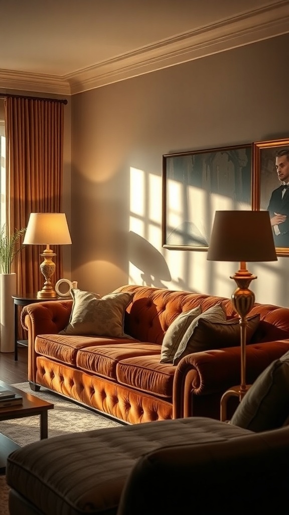 A cozy living room featuring a brown sofa with brass lamps and warm lighting.