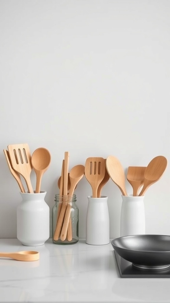 A collection of wooden cooking utensils in white containers on a kitchen counter.