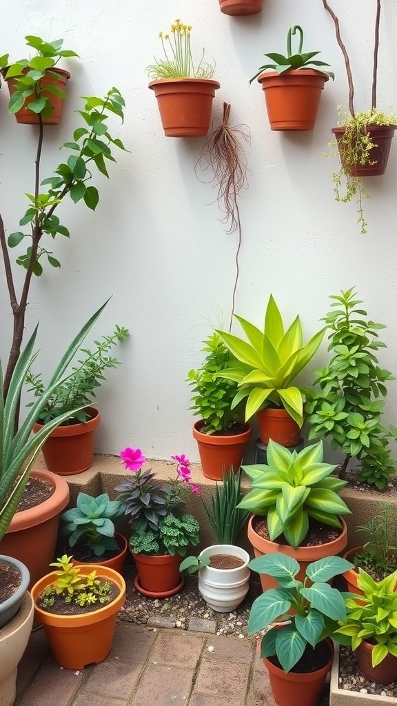 A variety of potted plants arranged in a small garden space, featuring colorful flowers and lush greenery.