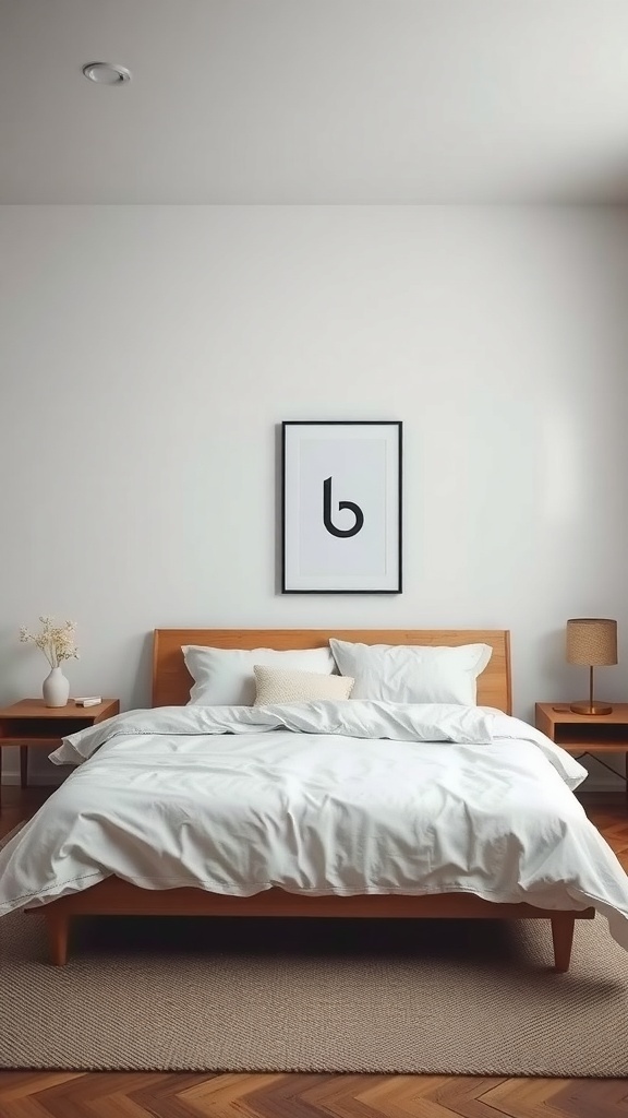 A minimalist bedroom featuring a simple bed, wooden nightstands, and a framed black and white artwork on the wall.
