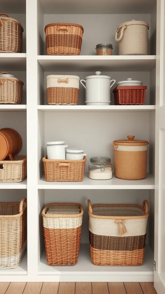 A neatly organized pantry with uniform baskets in various sizes and colors, showcasing a clean and aesthetic storage solution.
