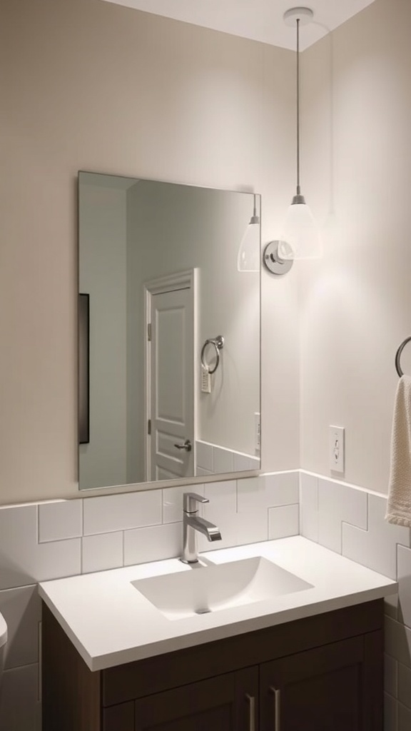 A modern bathroom with a well-placed mirror above the sink, showcasing optimal height and lighting.