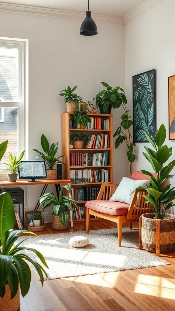 A cozy corner with a chair, desk, plants, and bookshelves, showcasing an optimized space.