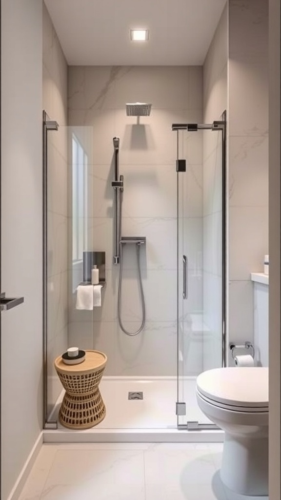 A modern bathroom featuring a glass-enclosed shower tray, a stylish stool, and a clean, minimalistic design.
