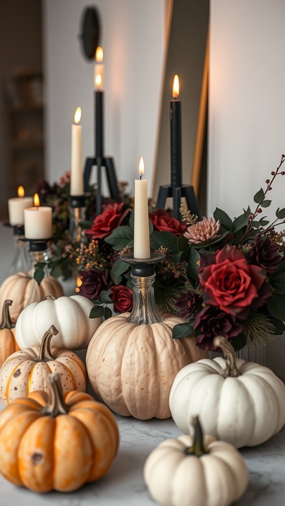Elegant Halloween decor featuring candles, roses, and a variety of pumpkins.