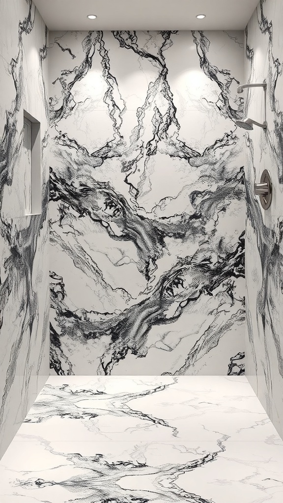 A luxurious shower featuring large black and white marble slabs with dramatic veining.