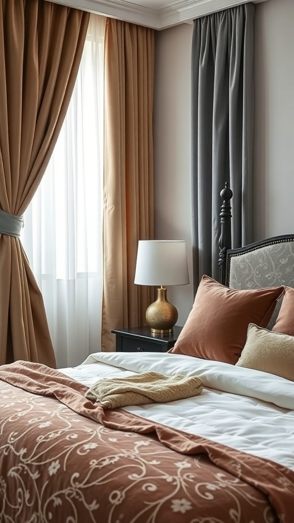 A luxurious bedroom featuring warm-toned bedding, elegant curtains, and stylish decor.