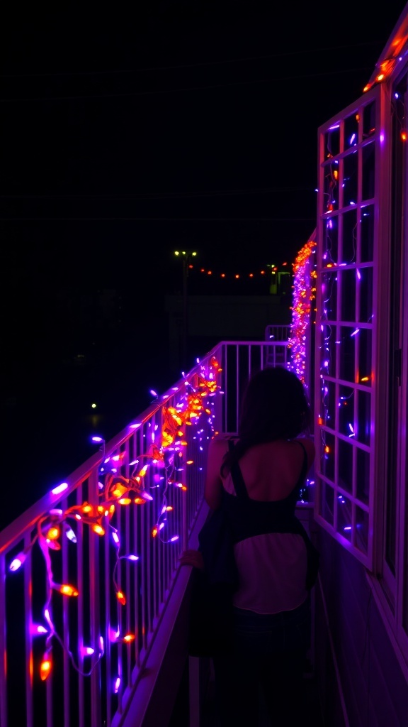 A balcony decorated with orange and purple string lights, creating a festive Halloween atmosphere.