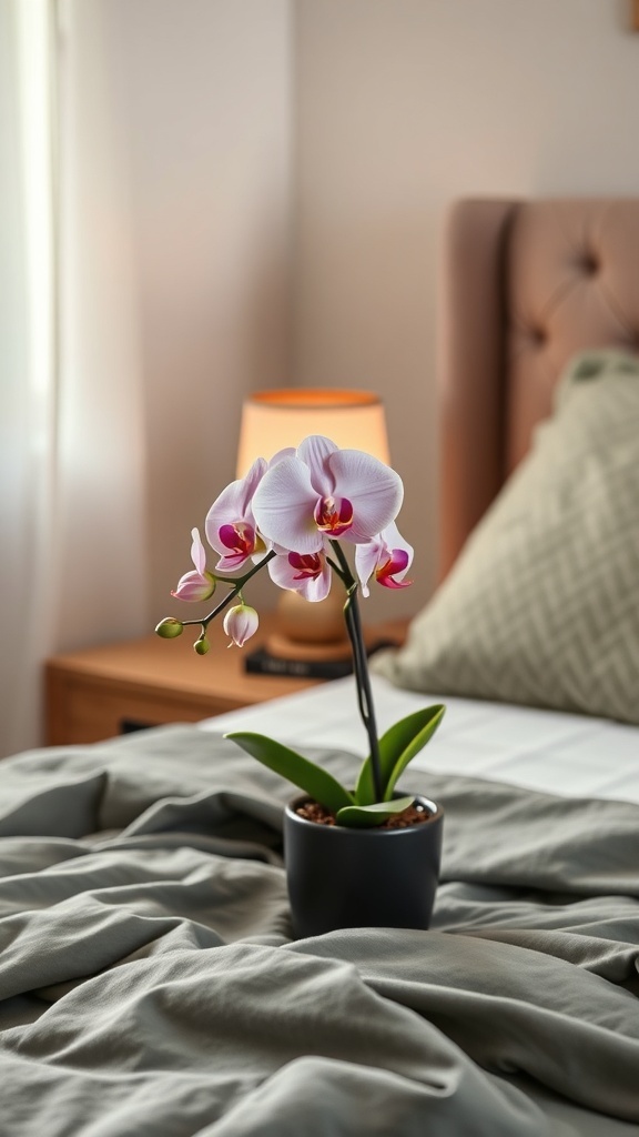 A beautiful orchid plant on a bedside table, surrounded by soft bedding and warm lighting.