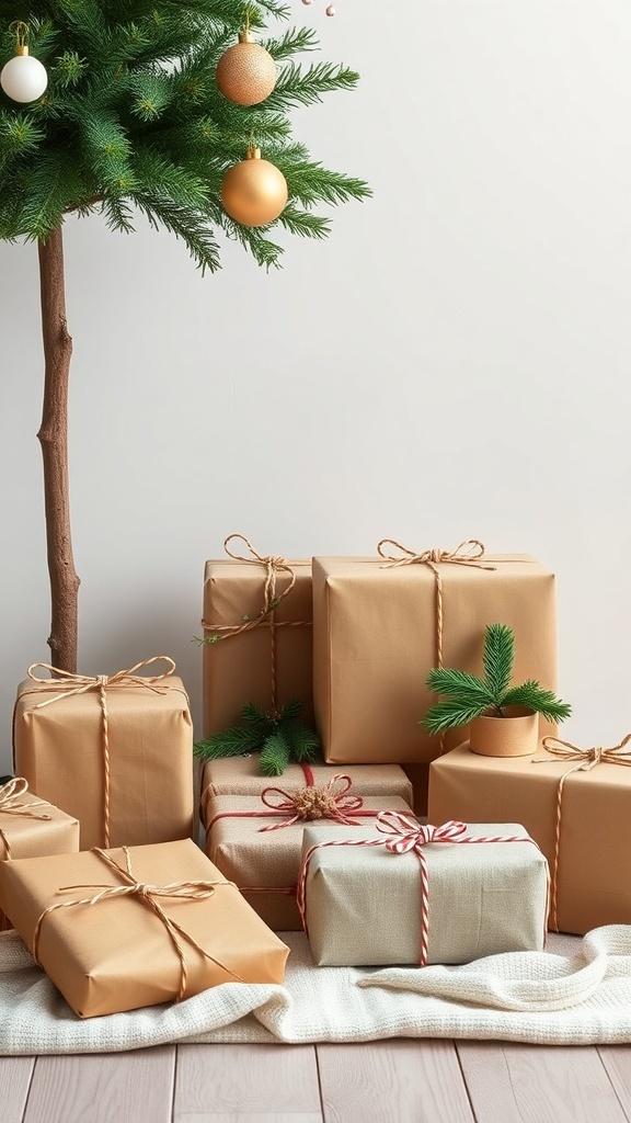 Beautifully wrapped gifts in kraft paper with twine and small evergreen accents, arranged near a minimalist Christmas tree.