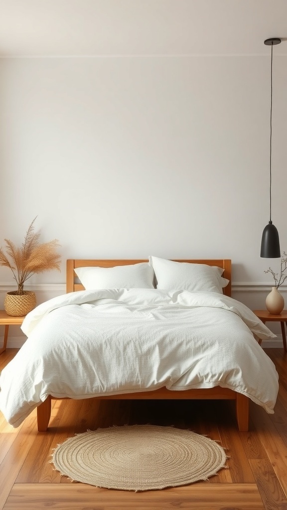 A serene Japandi-style bedroom featuring a low-profile wooden bed, soft white linen bedding, and natural decor elements.