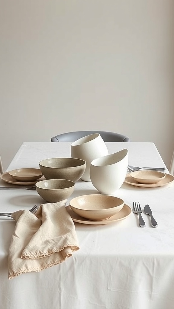 A minimalist dining table setting featuring sculptural ceramics in soft natural tones, layered with a neutral tablecloth and linen napkin.